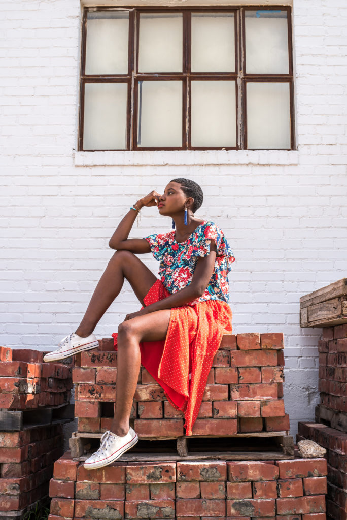 Natural hair model, spring style, summer style, converse with skirt , industrial
