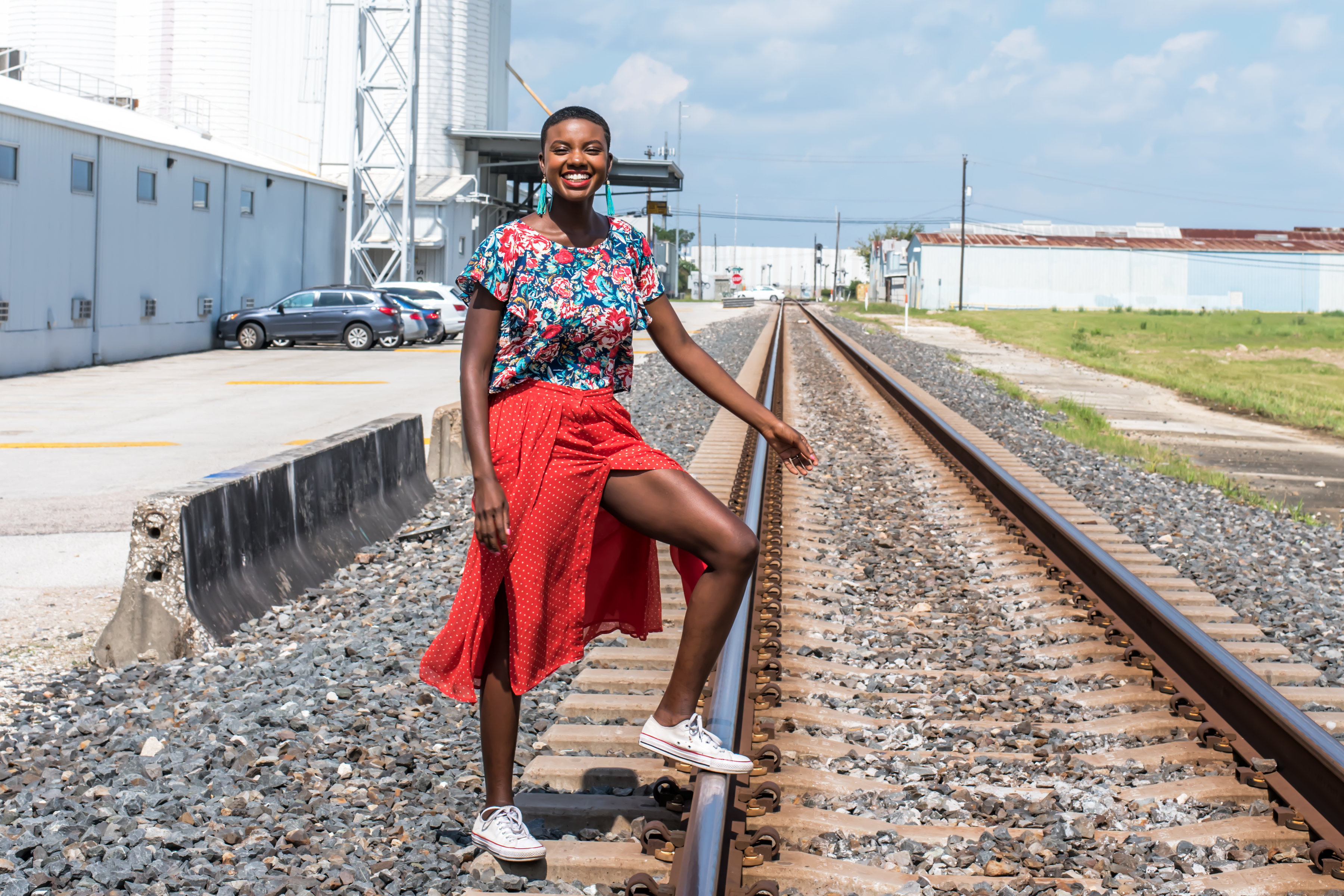 Railroad track photography, Natural hair model, spring style, summer style, converse with skirt