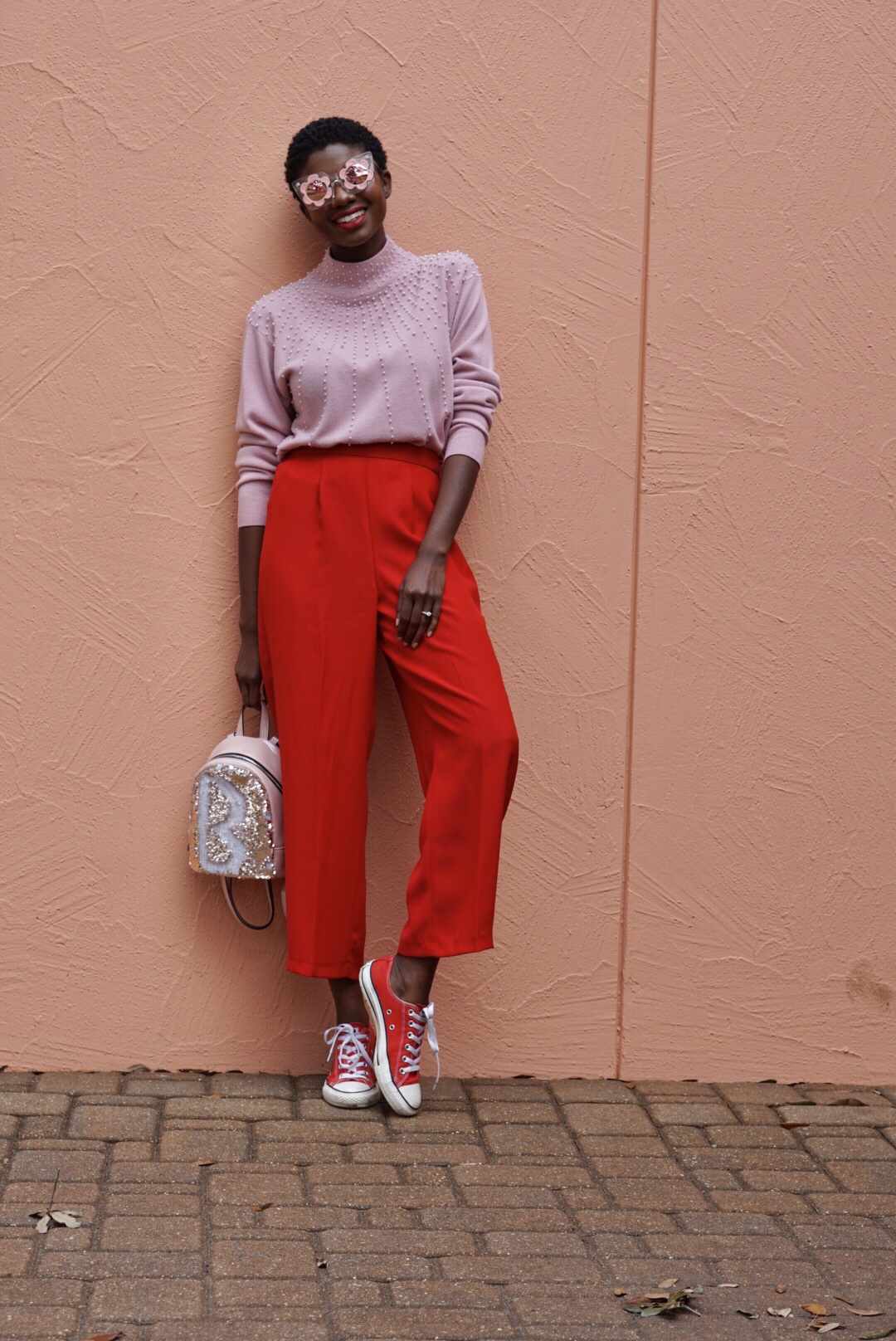 Valentines day outfit, red and pink, color blocking, pearl detail, short natural hair