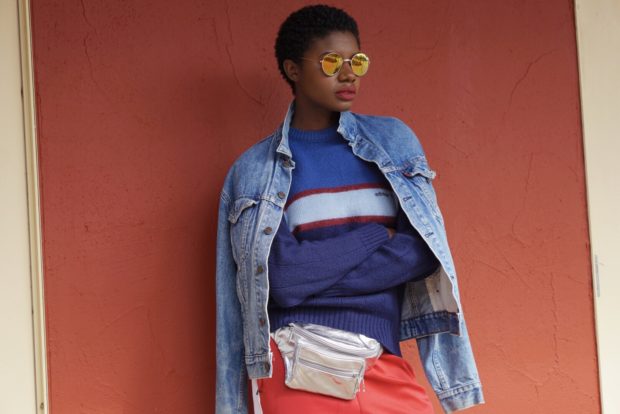 Vintage Adidas, Vintage Denim Levi jacket, how to style vintage clothing, athleisure, jogger pants, twa, short natural hair, metallic fanny pack, style a fanny pack