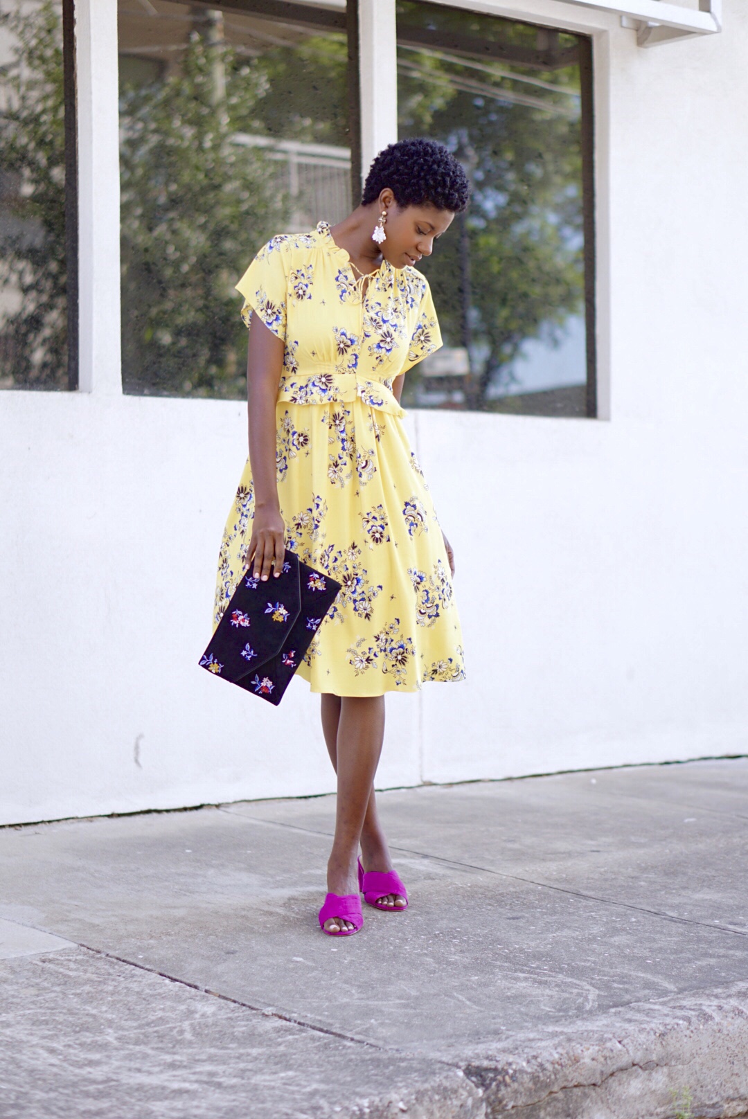 Ann taylor, boho floral midi dress, embroidered floral clutch, pink mules, twa, short natural hair