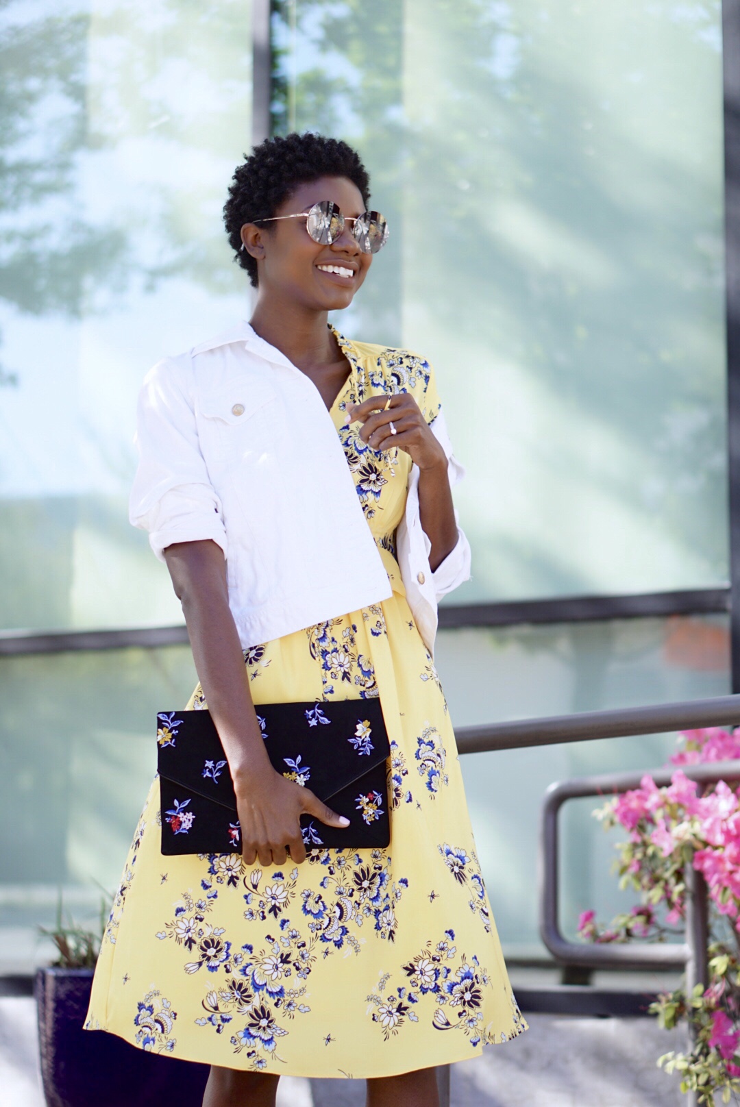 Ann taylor, boho floral midi dress, embroidered floral clutch, pink mules, twa, short natural hair