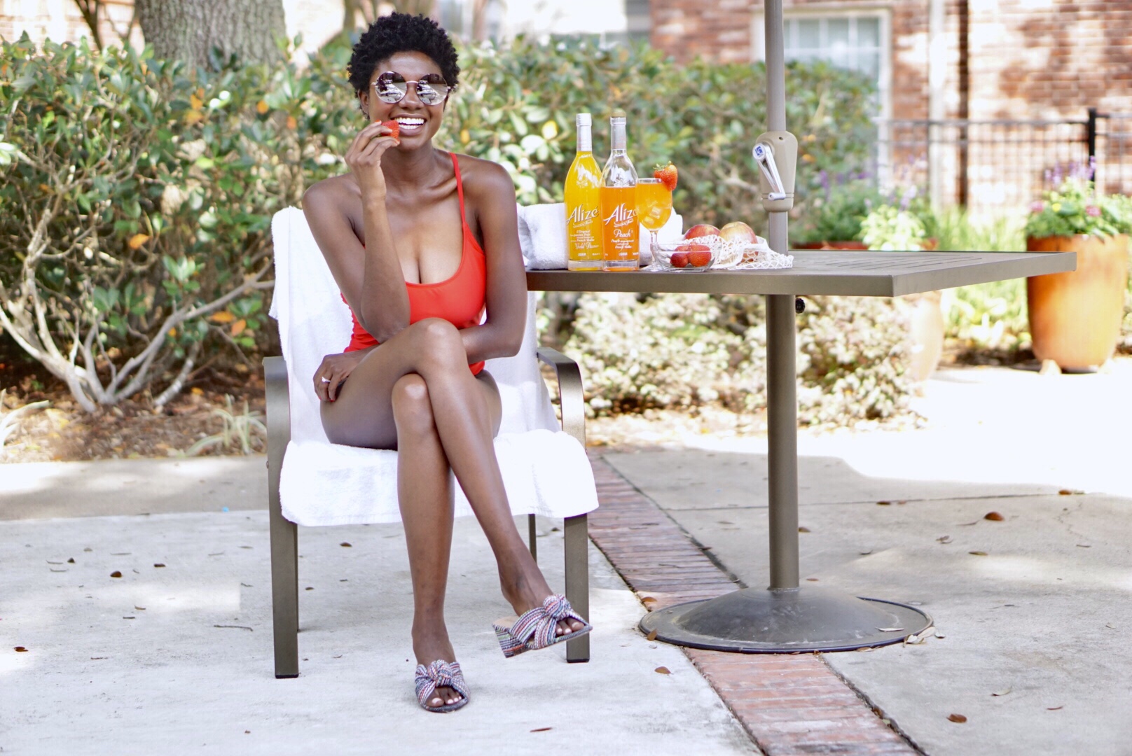 Summer Cocktails, easy summer cocktails, Alize, Alize recipes, fruity cocktails, fruity drinks, twa, dark skin girl, red swimsuit, short natural hair, pool side, relax by the pool, pool inspo