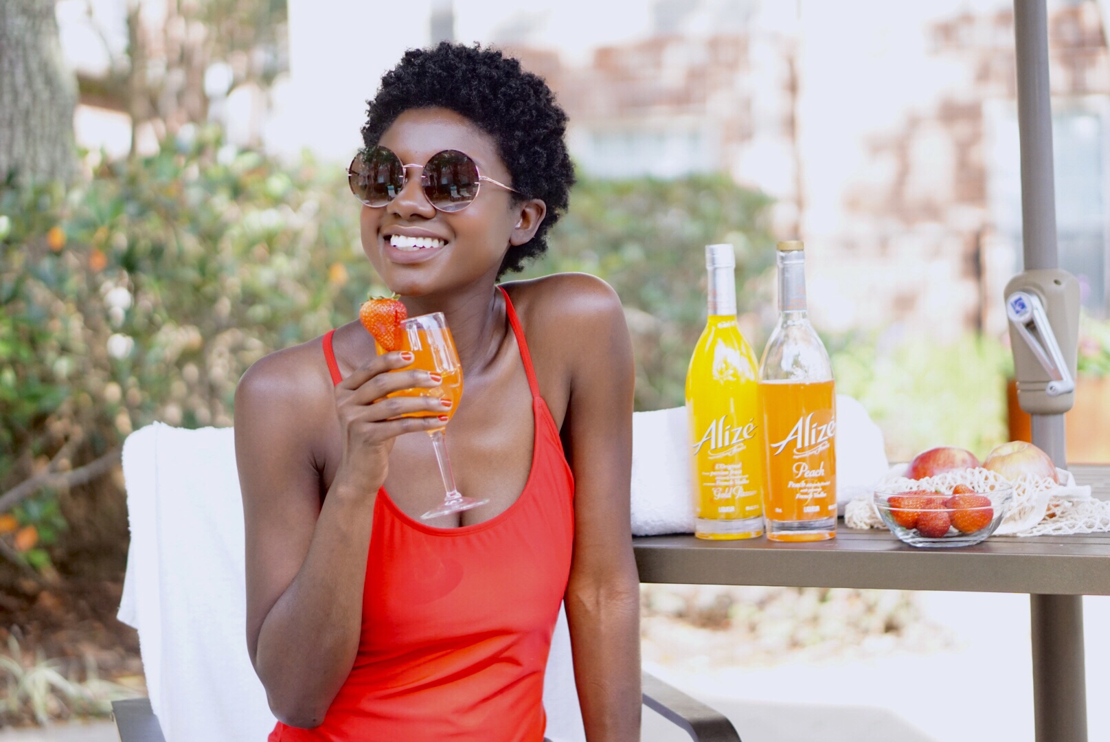 Summer Cocktails, easy summer cocktails, Alize, Alize recipes, fruity cocktails, fruity drinks, twa, dark skin girl, red swimsuit, short natural hair, pool side, relax by the pool, pool inspo
