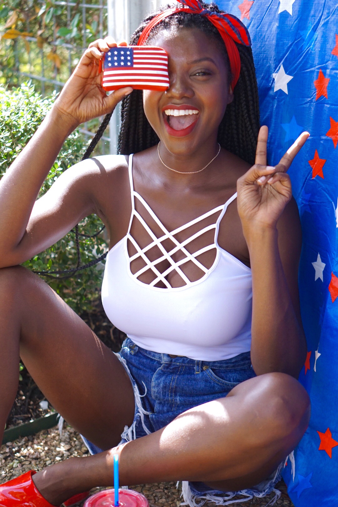 fourth of july, flag purse, box braids, caged tank, Evereve, vintage Lee shorts, red white and blue, black beauty blogger, black fashion blogger
