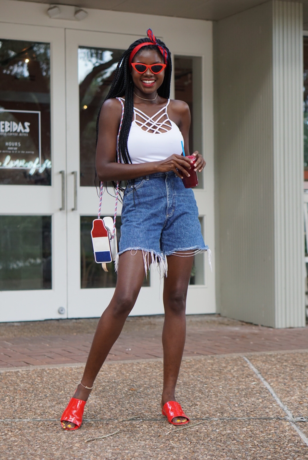 fourth of july, flag purse, box braids, caged tank, Evereve, vintage Lee shorts, red white and blue, black beauty blogger, black fashion blogger