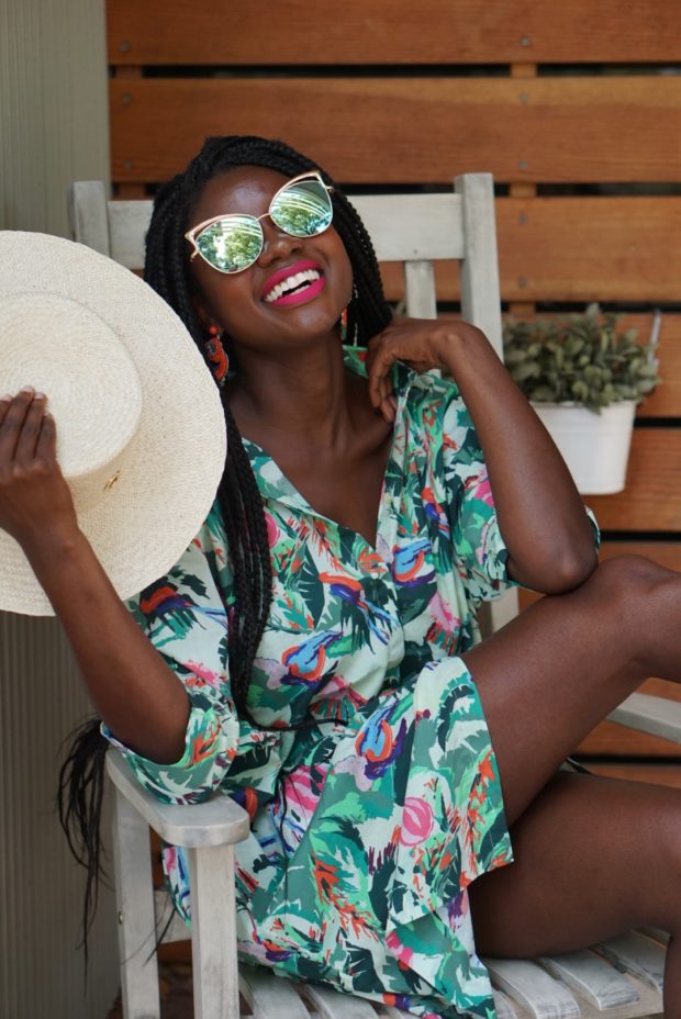 tropical print, t-shirt dress, vacation wear, top black fashion bloggers, top black beauty blogger, bright colors, bold colors, natural hair, box braids, box braid styles, and other stories, what to pack on vacation