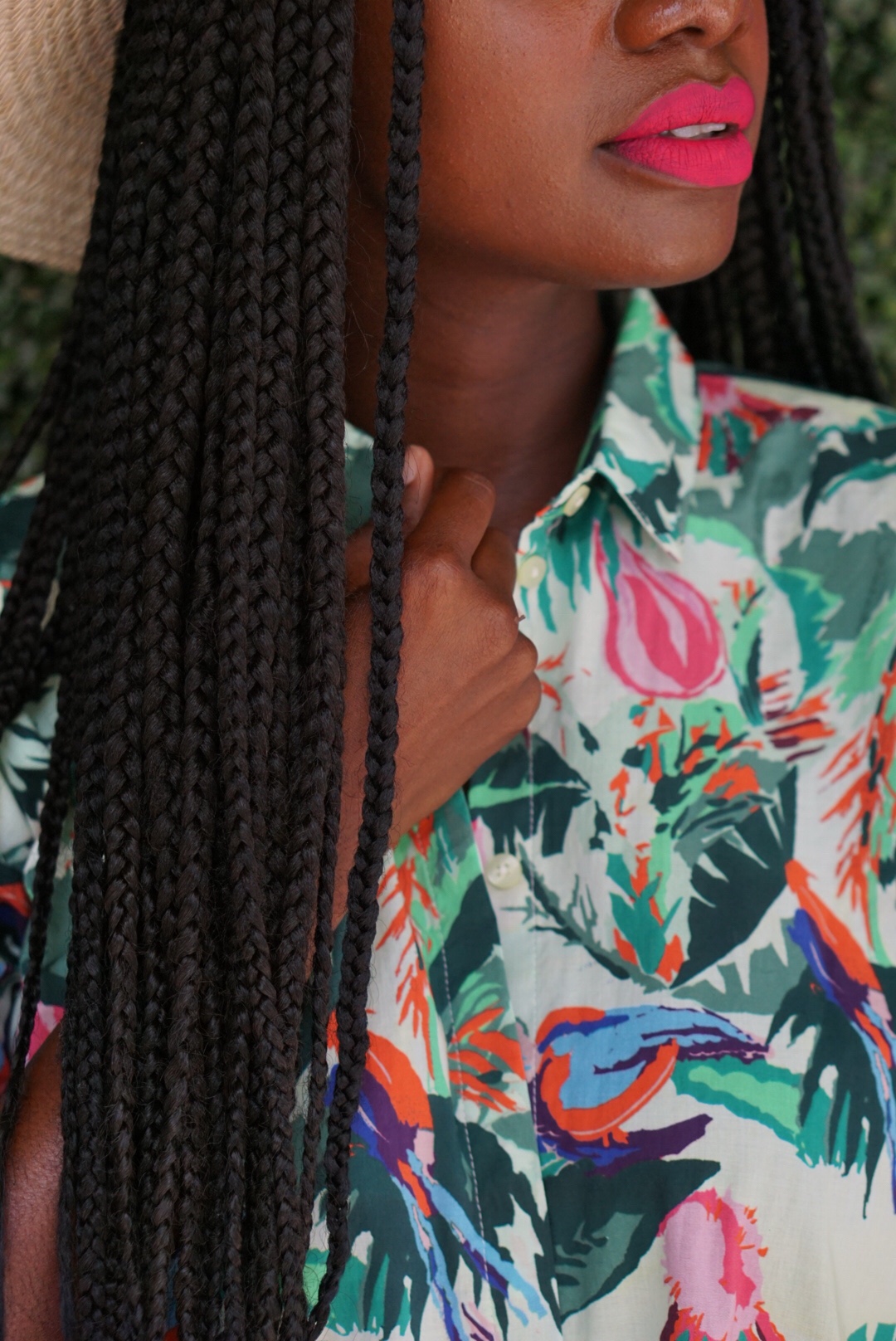 tropical print, t-shirt dress, vacation wear, top black fashion bloggers, top black beauty blogger, bright colors, bold colors, natural hair, box braids, box braid styles, and other stories, what to pack on vacation, ann taylor