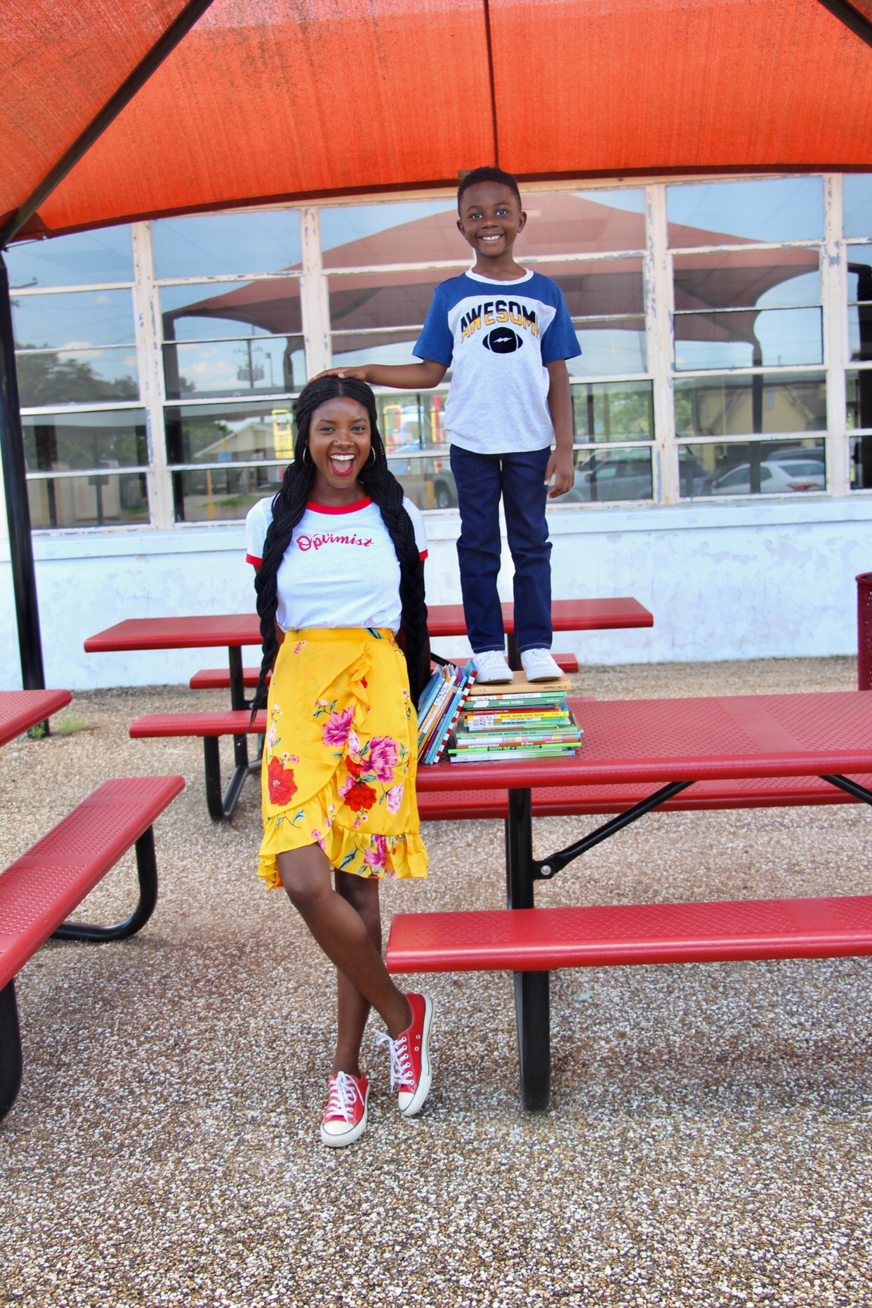 retro sport tee, large floral print, Old Navy, Old Navy Style, back to school, black fashion blogger, top fashion blogger, sneakers with a dress, mother son photo shoot, waist length braids, natural hair style, twa