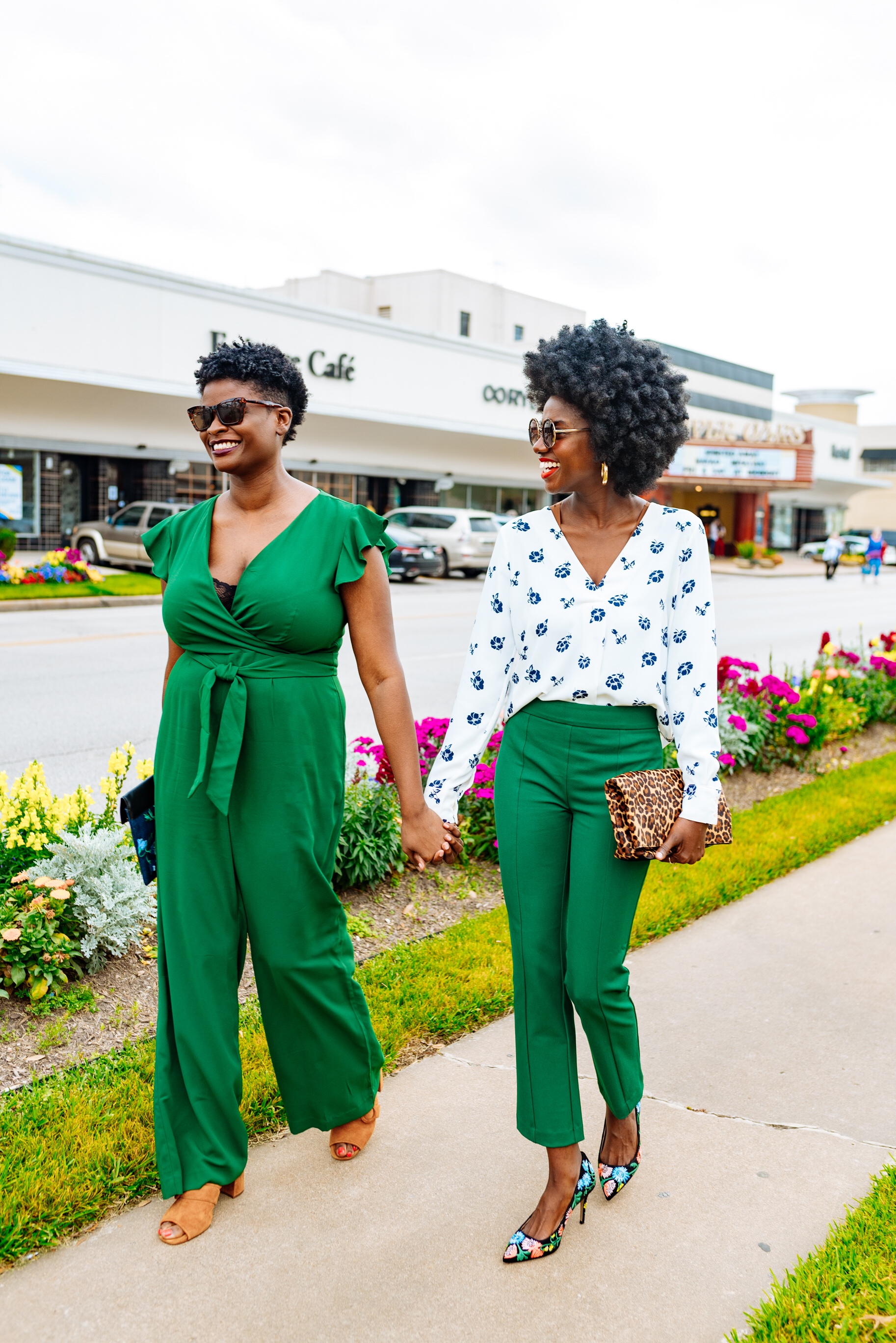 River Oaks Shopping Center, sister photos, natural hair, green spring outfits, tapered afro, twa, natural hair fro, girls day out ideas