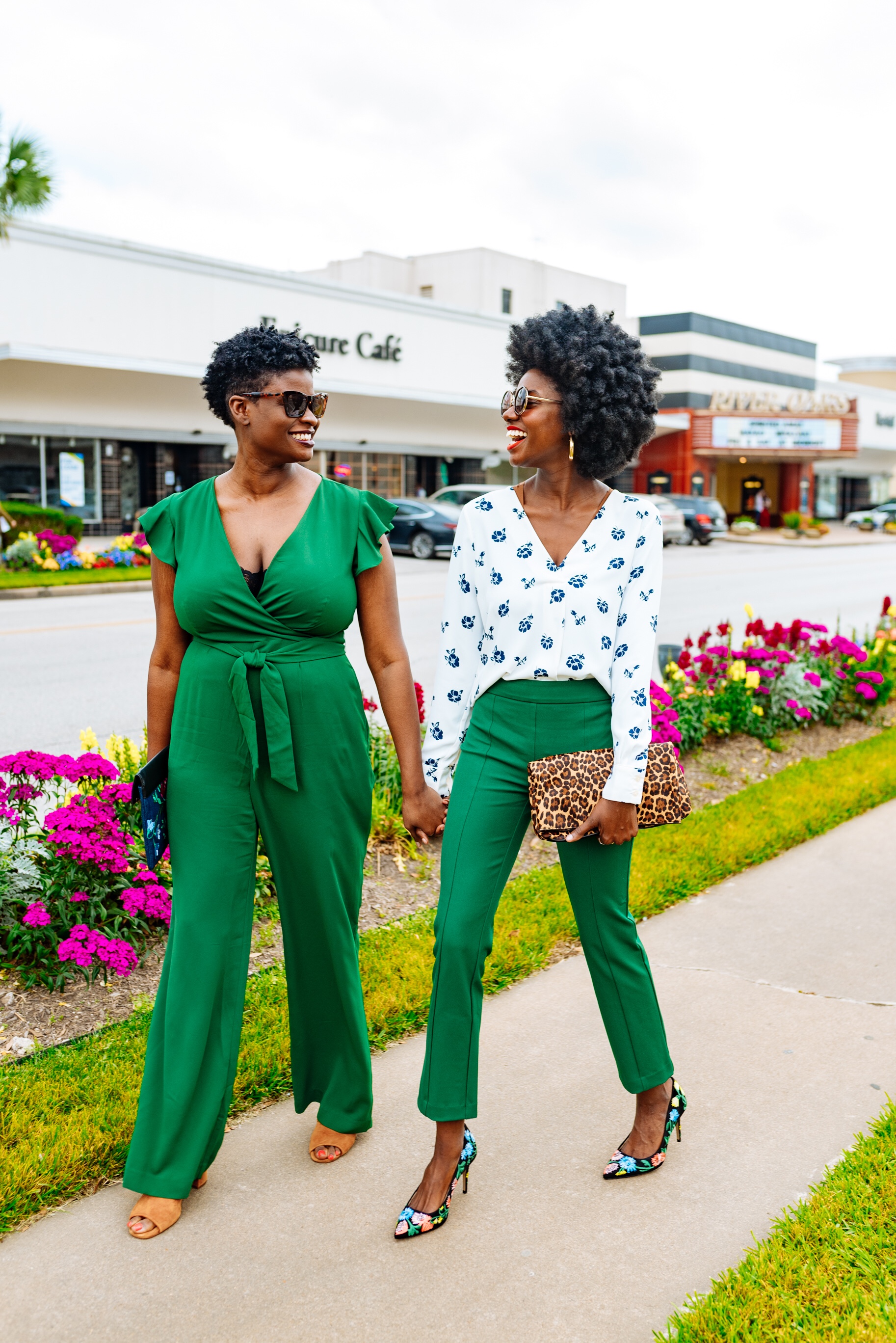 River Oaks Shopping Center, sister photos, natural hair, green spring outfits, tapered afro, twa, natural hair fro, girls day out ideas, green jumper, how to style green pants