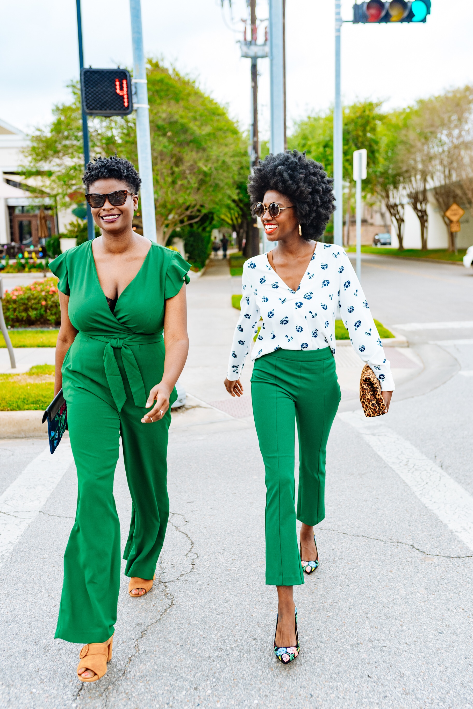 River Oaks Shopping Center, sister photos, natural hair, green spring outfits, tapered afro, twa, natural hair fro, girls day out ideas, green jumper, how to style green pants