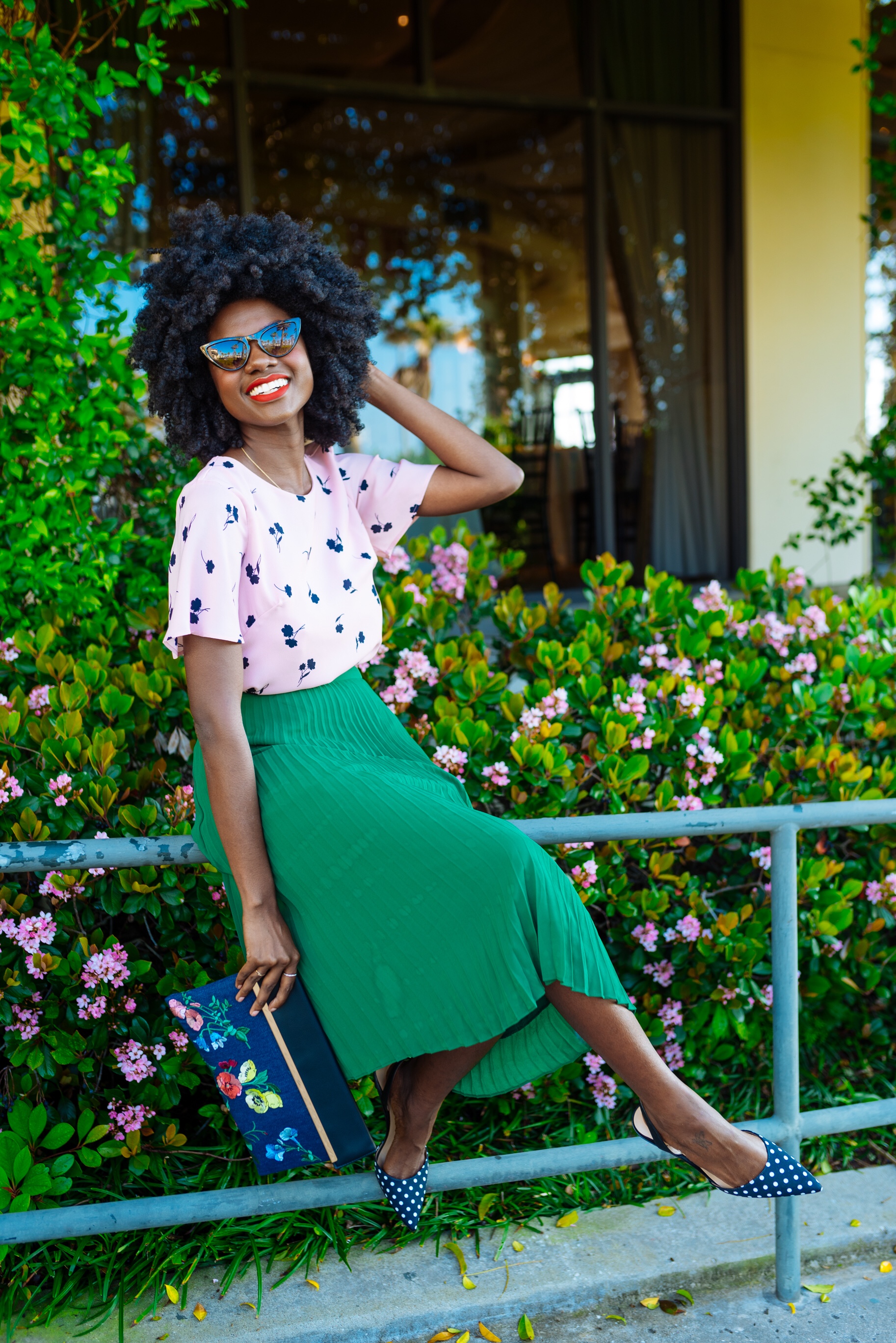 spring green, go green, Ann Taylor Spring collection, natural hair, afro, twa, 4b hair, 4chair, black blogger, houston blogger, how to mix prints, green pleated skirt, pleated skirt