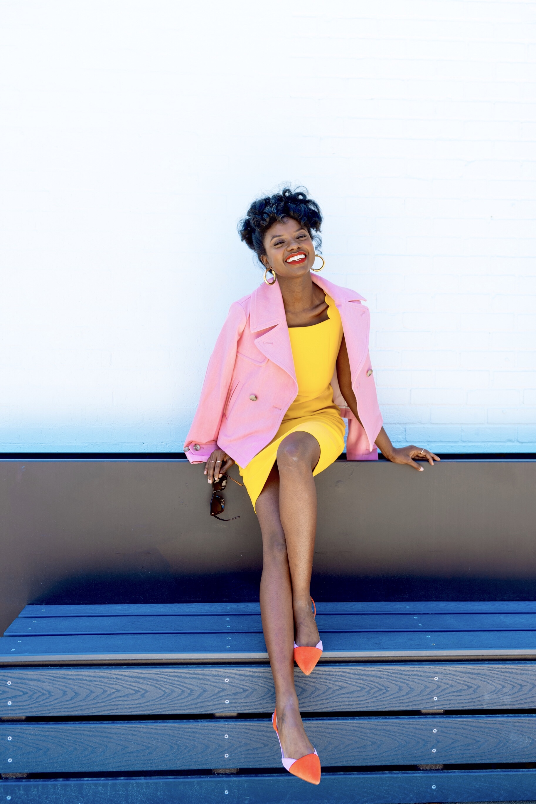 short trench coat, pink trench coat, Easter Sunday, Easter Dresses for women, Easter Sunday outfit ideas, suede sling back heels, color blocked shoes, how to style a short trench coat, natural hair, short natural hair, 4bhair, 4chair , easy natural hair styles, Authentically B