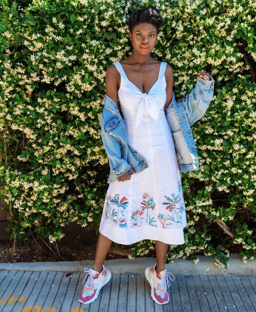 sneakers with a dress, how to wear sneakers with a dress, natural hair, top black style blogger, adidas nite jogger, Houston blogger