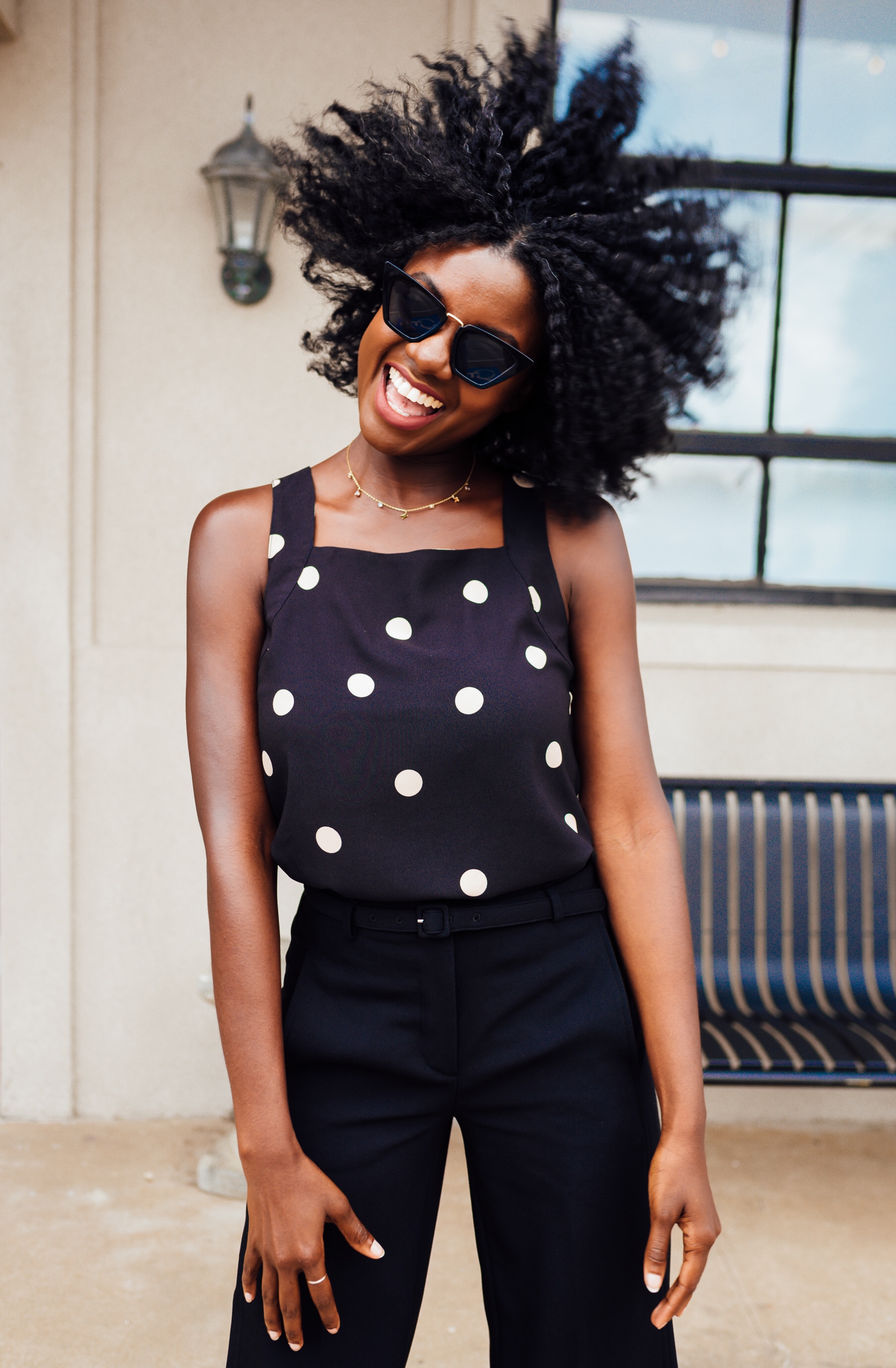 transition to fall, Authentically B, Brandy Gueary, Ann Taylor, large print polka dot, wide leg crop pants, twist out, braid out, snake print shoe, black fashion blogger, black models, Houston blogger, neutral style