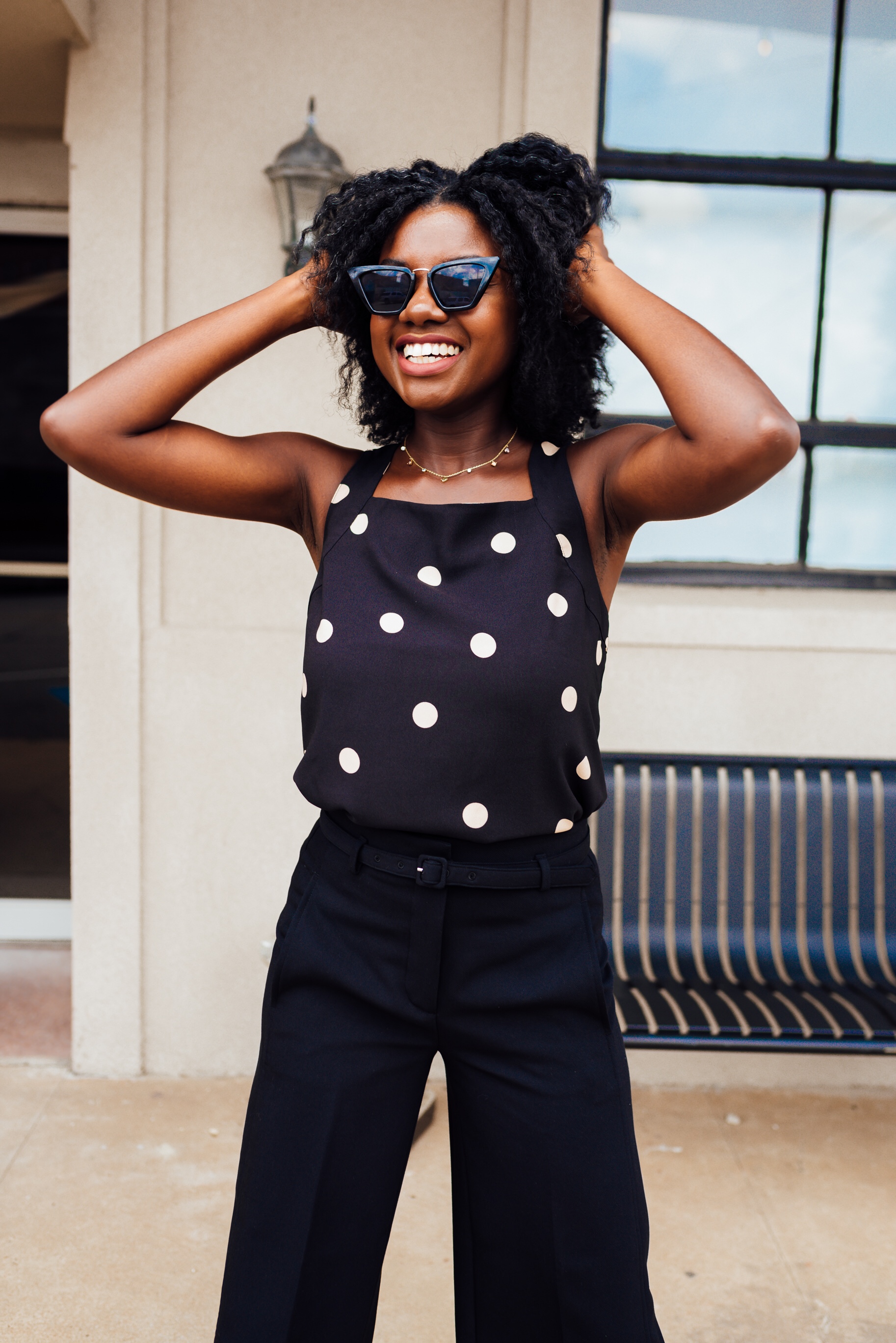 transition to fall, Authentically B, Brandy Gueary, Ann Taylor, large print polka dot, wide leg crop pants, twist out, braid out, snake print shoe, black fashion blogger, black models, Houston blogger, neutral style, natural hair styles, medium natural hair styles, 4c natural hair