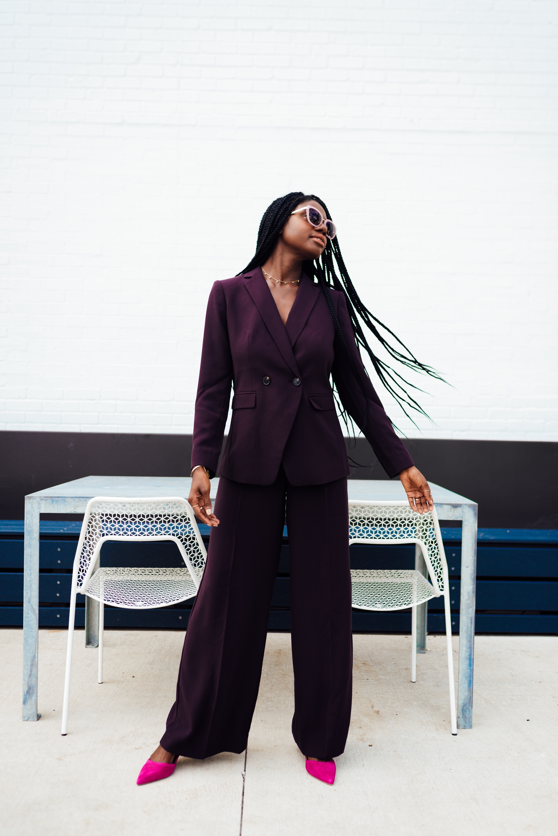 plum, fuchsia, plum and fuchsia, black style blogger, Ann Taylor, women's coordinating suit, wide leg pant, fall outfit ideas, knotless box braids, fuchsia slingback heels, braids for the work place, professional braid hairstyles