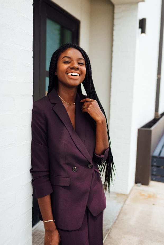 plum, fuchsia, plum and fuchsia, black style blogger, Ann Taylor, women's coordinating suit, wide leg pant, fall outfit ideas, knotless box braids, fuchsia slingback heels, braids for the work place, professional braid hairstyles