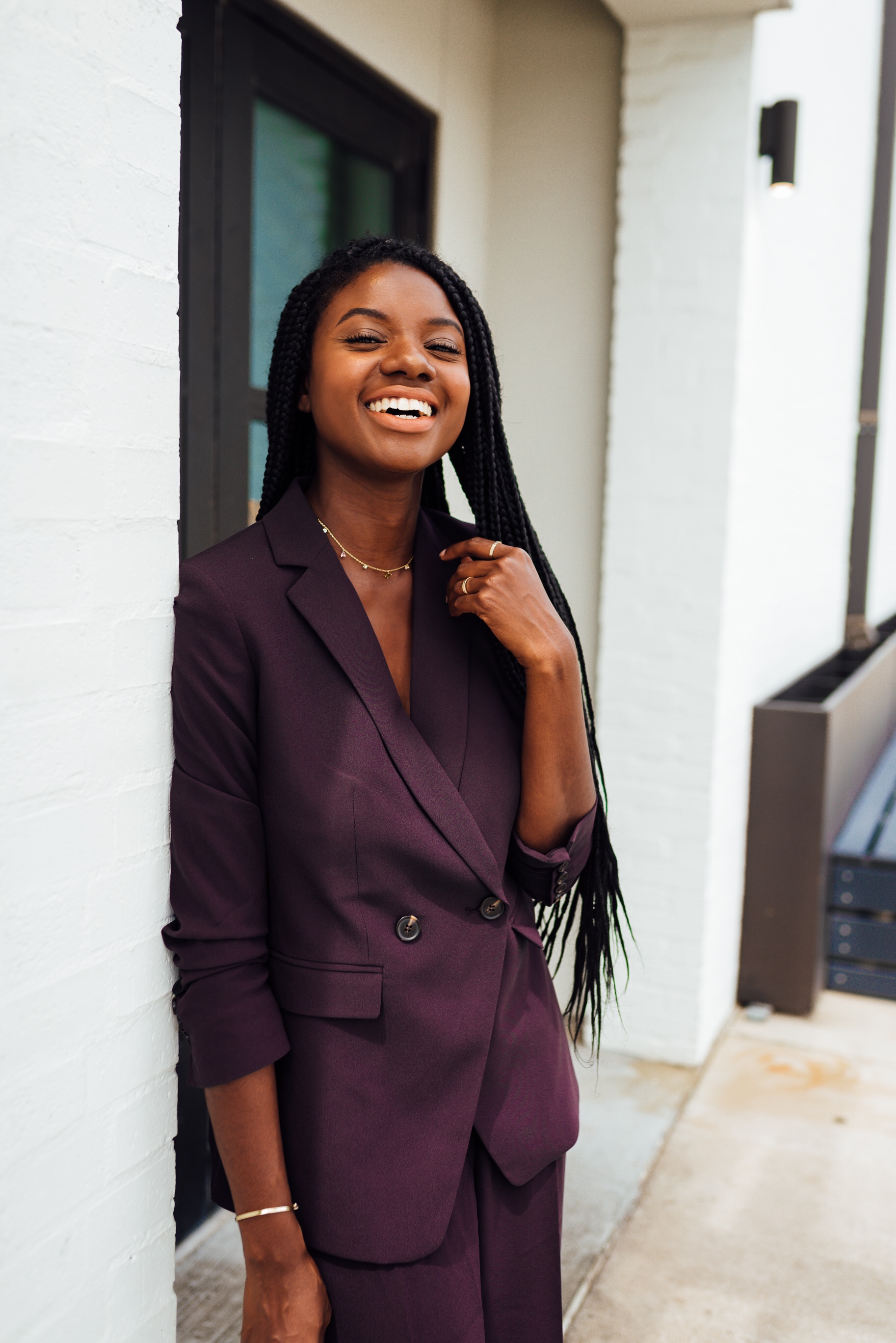plum, fuchsia, plum and fuchsia, black style blogger, Ann Taylor, women's coordinating suit, wide leg pant, fall outfit ideas, knotless box braids, fuchsia slingback heels, braids for the work place, professional braid hairstyles, smiling black girl